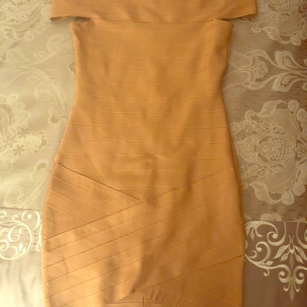 Bronze Off The Shoulder Bandage Dress